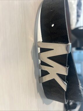 Michael Kors Black Leather Belt with Silver MK Initial Buckle